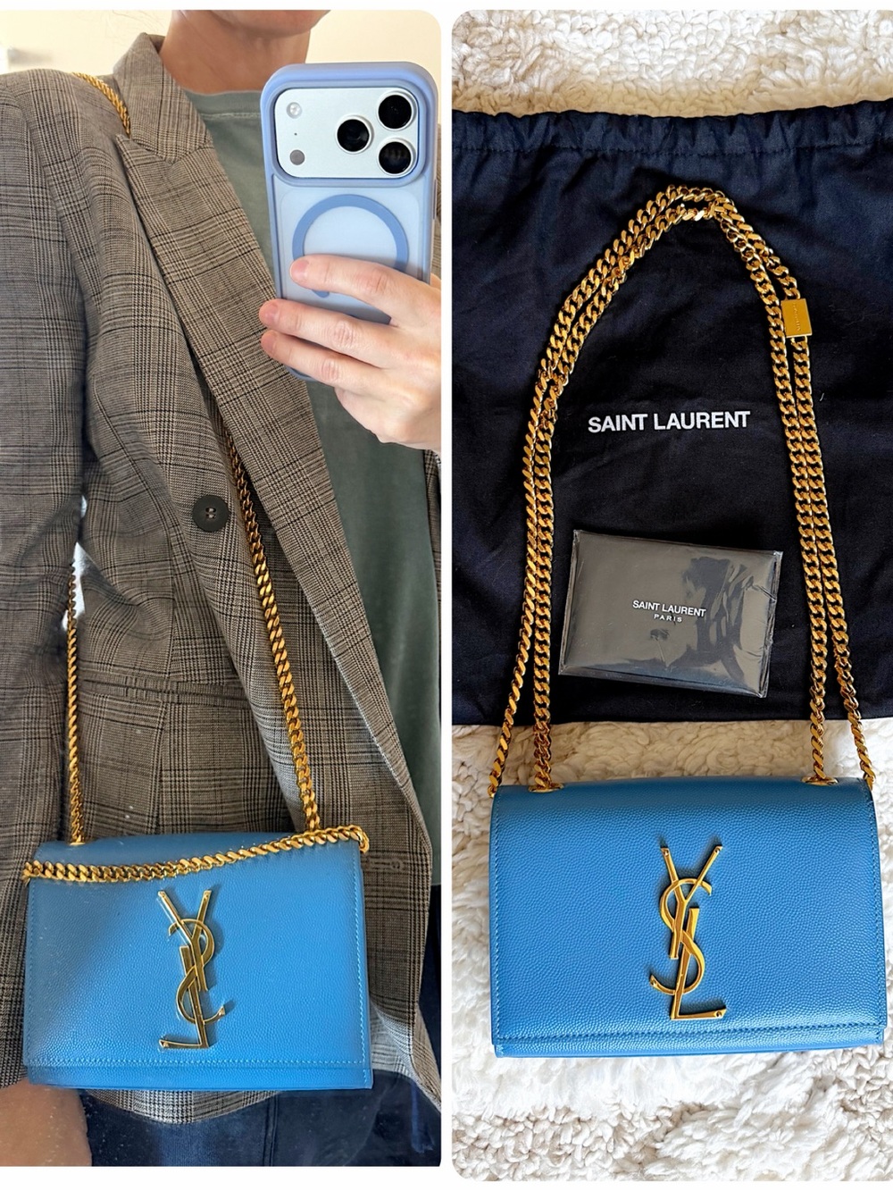 Saint Laurent YSL small Kate blue chain flap bag crossbody shoulder